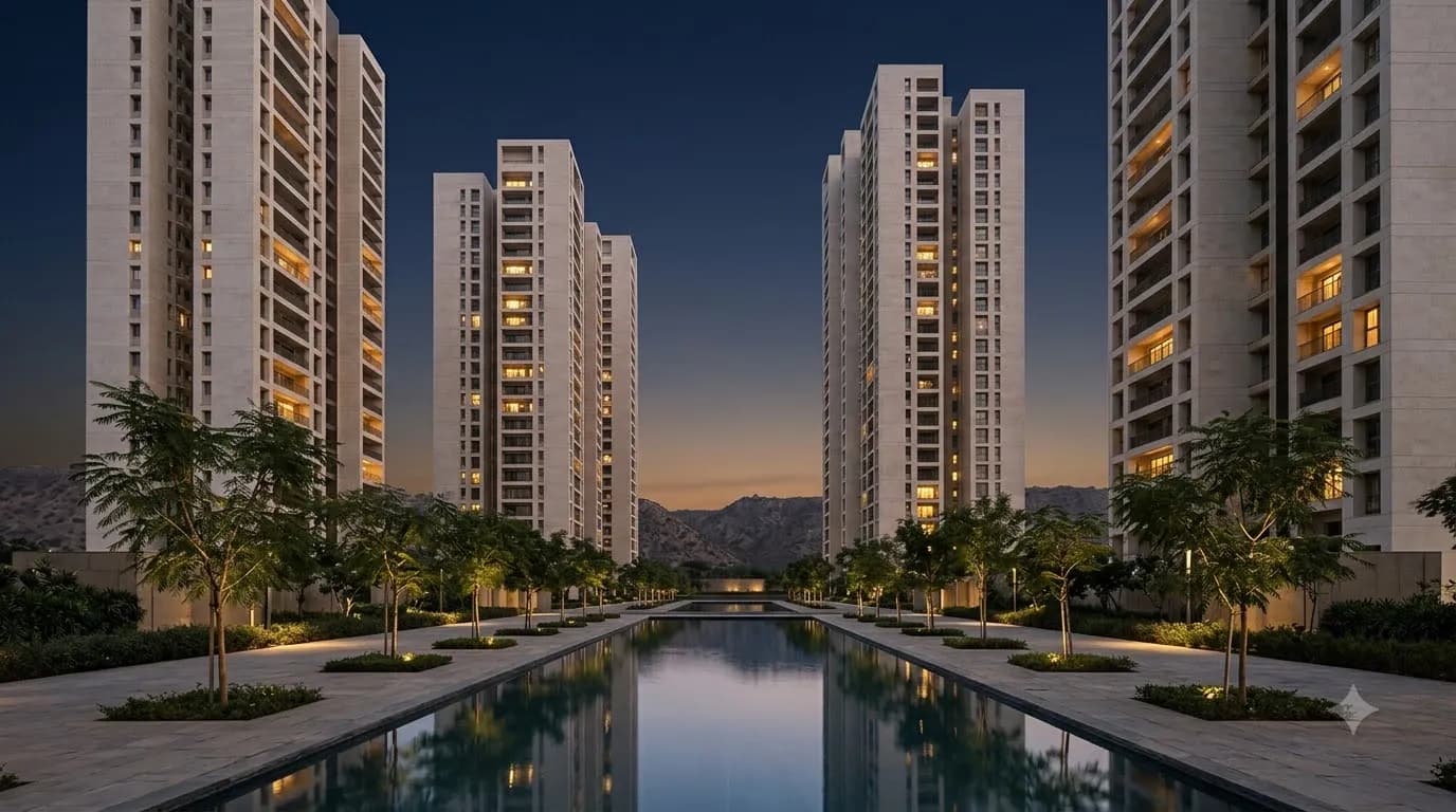 Artist's impression: Kesarwood Ridge's towers at dusk, seen from the entrance court